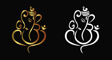 Ganesha Line art in Gold and white color, element for Indian wedding cards, Shubh Laabh, vector illustration