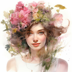 Illustration of face and flowers  with white background  for mother day and international women's day