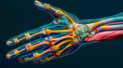 Szczegółowy przekrój anatomiczny ręki ludzkiej w żywych kolorach