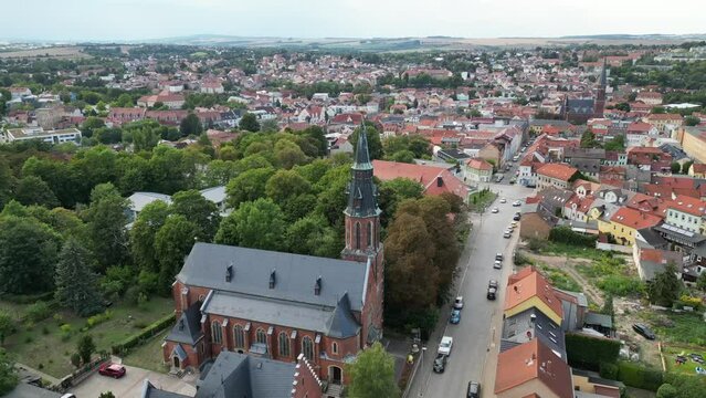 Aerial video around a church in Apolda, thuringia, Germany