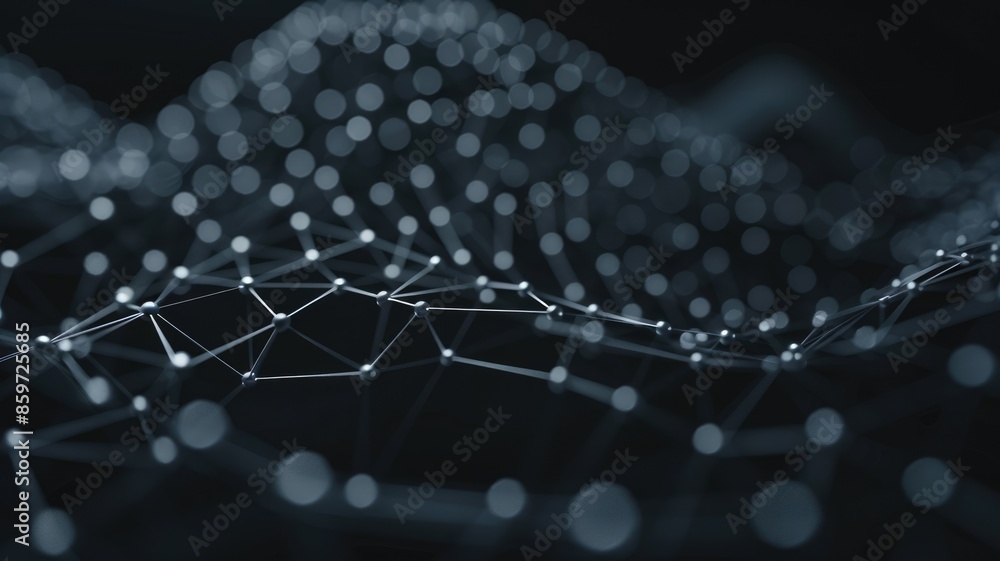 Poster abstract network of glowing nodes and connections with bokeh effect on dark background. global commu