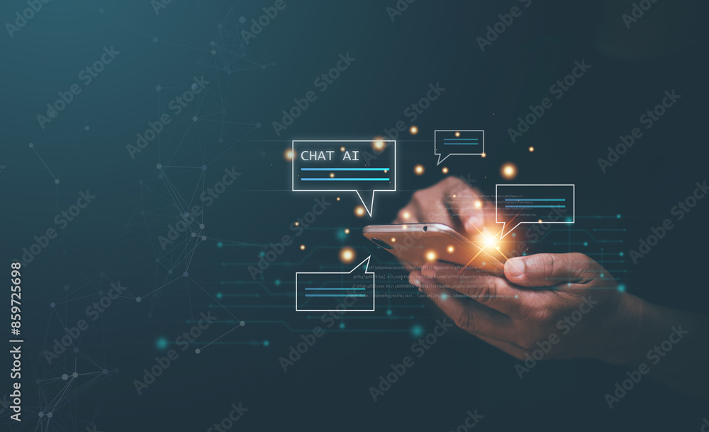 Poster Chat with AI or Artificial Intelligence technology, Businessman using smartphone for chatting online with intelligent artificial or chatbot. Futuristic technology, Online automation chatbot..