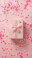 Fototapeta premium Gift box on pink background with confetti. Valentines Day gift or birthday present concept. Flat lay, top view. Valentines Day banner template 