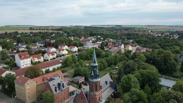 Aerial video around a church in Apolda, thuringia, Germany
