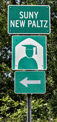 SUNY NEW PALTZ street sign with arrow and icon of university college graduation cap gown alt route...