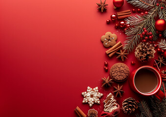 Festive Christmas Flat Lay with Hot Chocolate and Cookies on Red Background (generative AI)