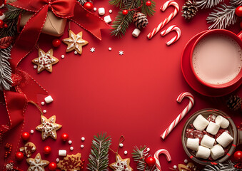 Festive Christmas Flat Lay with Hot Chocolate and Cookies on Red Background (generative AI)