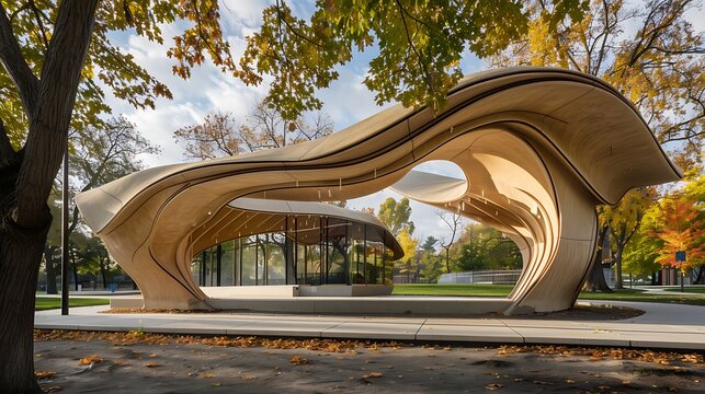 innovative park pavilion designed with curvilinear fiber cement panels, creating a flowing, organic form that invites visitors to explore its shade and shelter