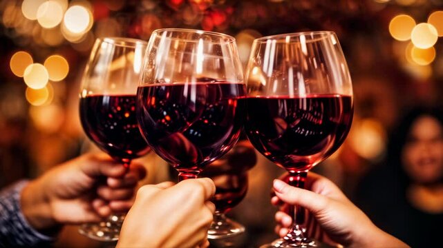 Red Wine Cheers. Elegant Glasses of Red Wine Clinking in a Celebration Toast. Wine Tasting, Fine Dining, Restaurant Concept.