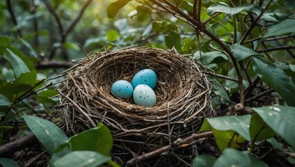 Bird's nest with blue eggs covered with foliage