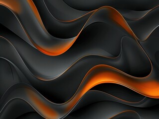 Dark, fluid waves of black and orange intertwine with a smooth, flowing texture, creating a dynamic and elegant abstract design with sharp curves and a vibrant gradient.