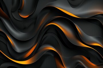 Fluid black waves intertwine with vibrant orange highlights, creating a dynamic, abstract composition with a 3D effect. The design exudes a modern and futuristic aesthetic.