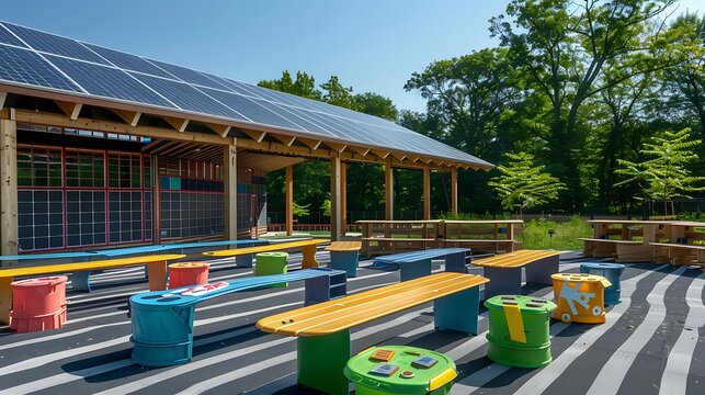 outdoor classroom designed with sustainability in mind, featuring benches made from recycled plastics and a roof covered with solar panels