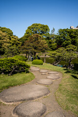 Kiyosumi Garden (Kiyosumi Teien), a traditional Japanese landscape garden with a pond, built in Meiji period, in Koto ward, Tokyo, Japan 