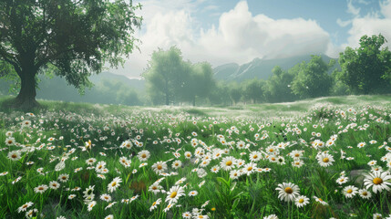 A meadow filled with many white daisies under a blue sky with white clouds. One big tree and many smaller trees are in the background, with hills beyond.