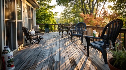 outdoor deck made from composite wood that uses recycled plastic and wood fibers, furnished with chairs crafted from recycled milk jugs