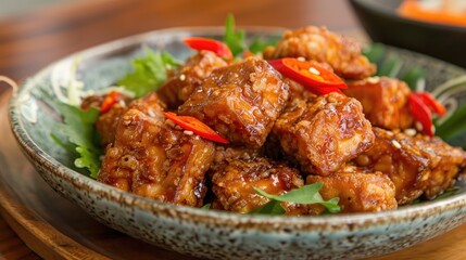 Delicious fried tempeh dish served warm on a plate on a chilly morning