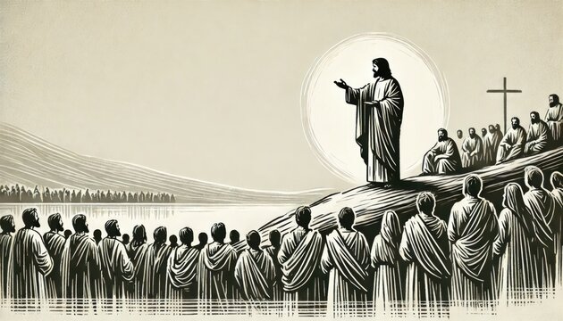 Sermon on the Mount, Matthew 5. Jesus preaching to the crowd. Digital illustration.
