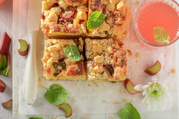 Fresh and tasty rhubarb yeast cake made of fresh ingredients.