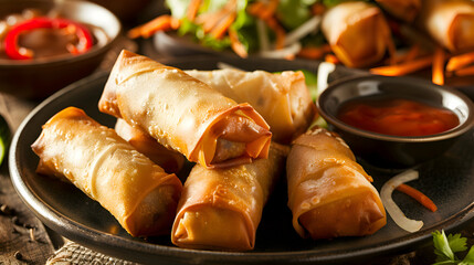 A plate of crispy fast food spring rolls filled with vegetables and meat, served with dipping sauce