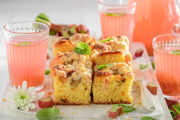 Homemade and delicious rhubarb yeast cake made of fresh ingredients.