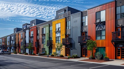 Obraz premium urban renewal project featuring a series of old warehouses converted into loft apartments, each with a unique fa? section ade of colorful fiber cement siding