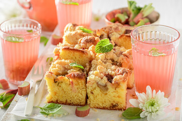 Closeup of rhubarb yeast cake as classic cake in Poland.