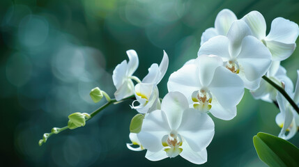 White orchids with delicate petals and yellow centers are set against a blurred green background,...