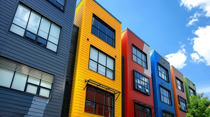 Obraz premium urban renewal project featuring old factory buildings converted into modern lofts with colorful, geometric fiber cement siding to attract young professionals