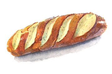 Watercolor illustration of fresh loaf of bread.