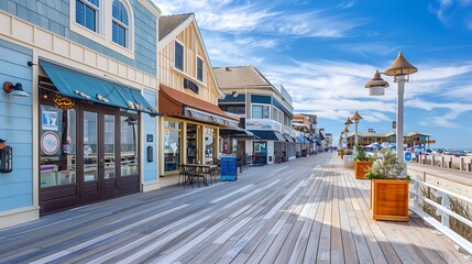 beachside boardwalk with shops and cafes each clad in weather-resistant fiber cement siding, ensuring durability against salt spray and sun exposure