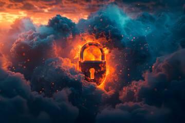 Cybersecurity concept. Image of a giant digital padlock in the center of clouds symbolizing cybersecurity. tech, padlock, datum, biometric, cloud, abstract. Generative Ai.