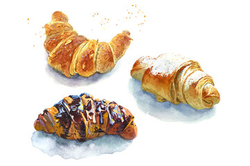 Watercolor collection of croissants on a white background