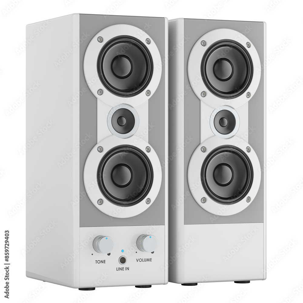 Poster white bookshelf speakers, 3d rendering isolated on transparent background