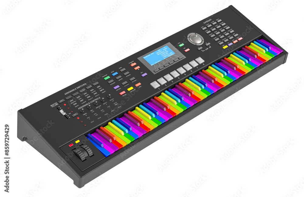 Poster black electronic digital piano with colored keyboard, 3d rendering isolated on transparent backgroun