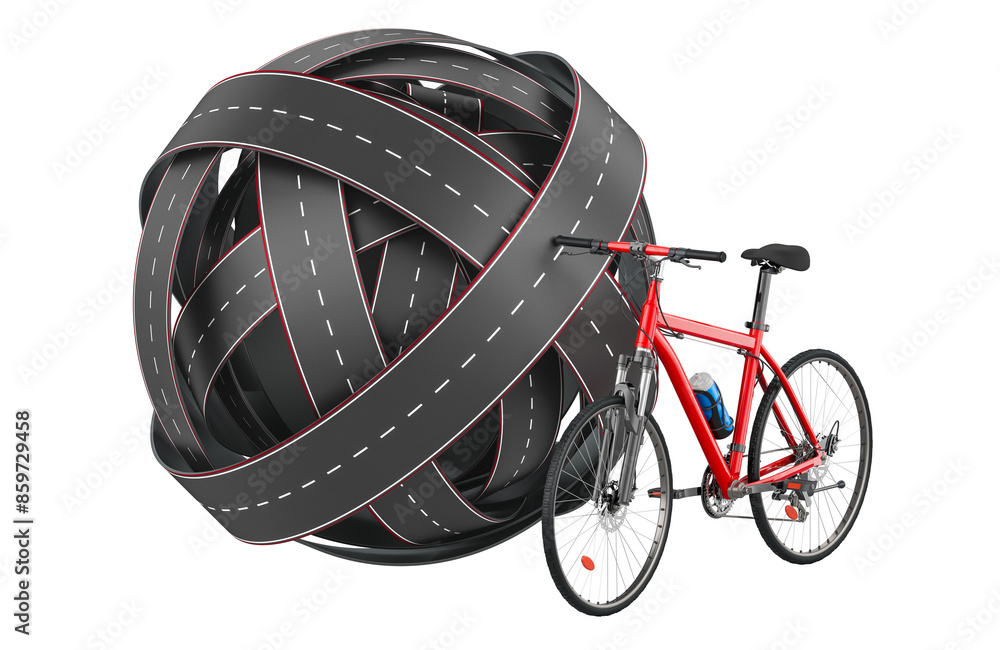 Poster bicycle with tangled ball of roads. 3d rendering isolated on transparent background