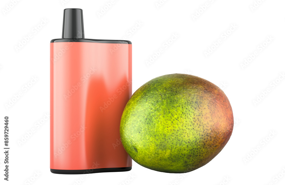 Poster disposable vape with mango flavor. 3d rendering isolated on transparent background