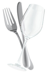 Wine glass with fork and knife, 3D rendering isolated on transparent background