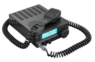 Dual band mobile transceiver. Portable ham amateur radio with push-to-talk microphone switch. Portable Two Way Radio Mobile Transceiver. 3D rendering isolated on transparent background