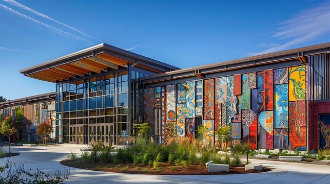 community arts center featuring a mosaic of recycled fiber cement siding pieces, highlighting community involvement and sustainable building practices