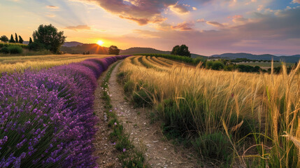 Obraz premium A dirt path runs between blooming lavender and golden wheat fields under a sunset sky with scattered clouds and distant hills in the background.