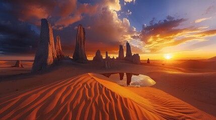 Stark basalt desert with towering spires and fiery sunset reflecting on otherworldly sand dunes.