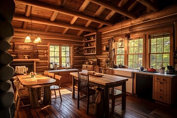 Interior of a rustic wooden house with a wooden kitchen and dining area