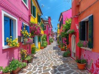 Naklejka premium Vibrant Colors of Burano Island: Charming Houses in Venice, Italy