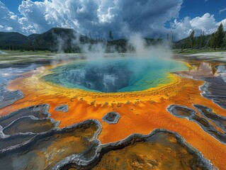 Majestic View of Yellowstone's Grand Prismatic Spring with Vibrant Colors and Rising Steam