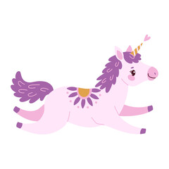 Cute lavender magical unicorn. Romantic magical pony Hand drawn flat style isolated for Greeting card, poster, print, t-shirt, party concept, kids books, wallpapers. Vector illustration