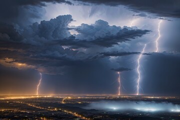 Intense lightning illuminating a stormy night