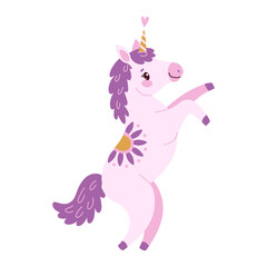 Cute lavender magical unicorn. Romantic magical pony Hand drawn flat style isolated for Greeting card, poster, print, t-shirt, party concept, kids books, wallpapers. Vector illustration © Aikaterini