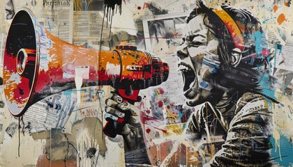Crystal-clear image of a striking graffiti piece featuring a collage of grunge newspapers