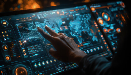 Obraz premium Advanced Interactive Digital Interface, Hand Pointing at High Tech Screen, Data Visualization, Touchscreen Technology in Modern Computing Environment, Futuristic UI UX Design, Digital Innovation